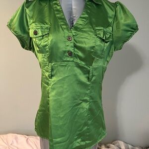 Heart Soul Shiny Green Satin V-Neck Button Front Blouse
